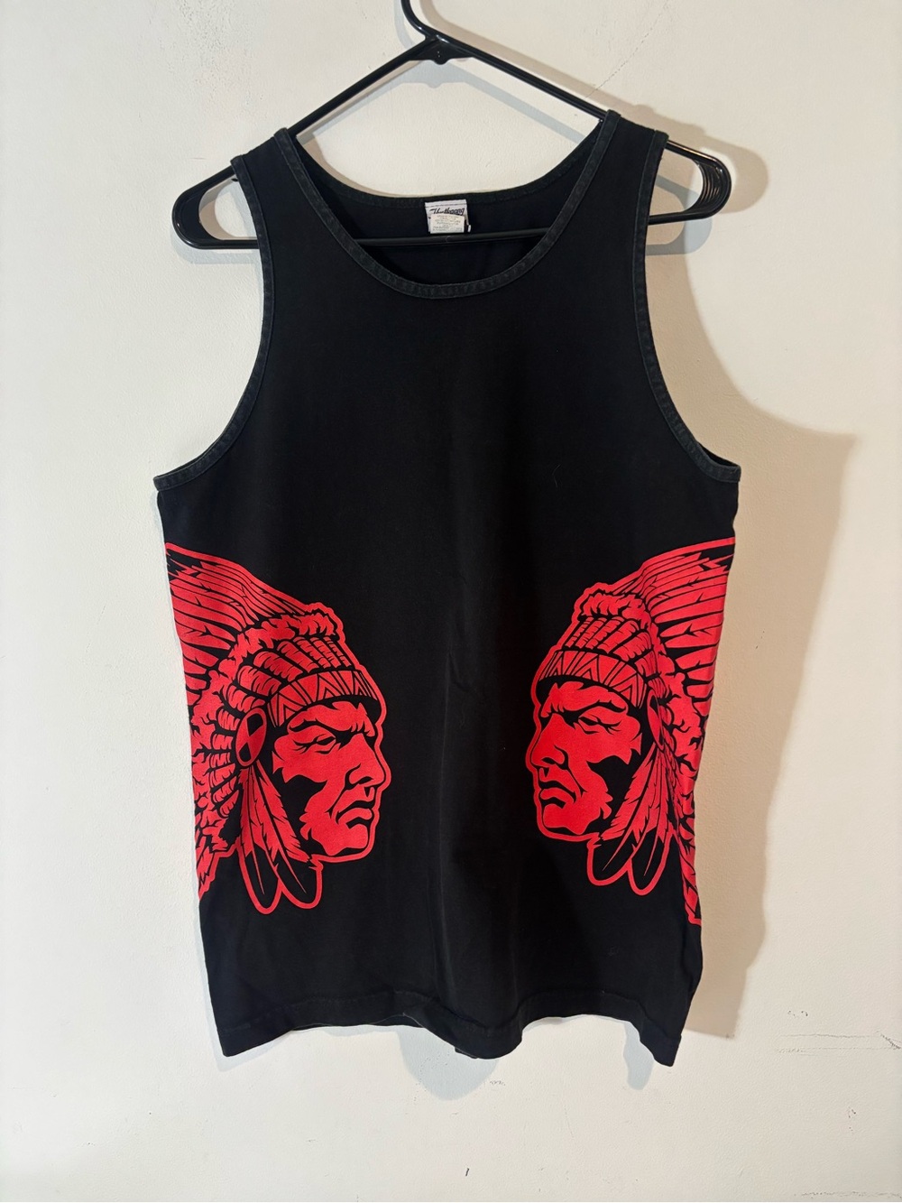 Hustlegang Men’s Medium Vintage Black Tank Top with Red Native Chief Graphics